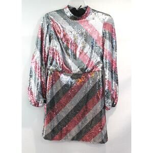 Ted Baker London Jocasta Stripe Sequin Mini Dress size 8/10 US Gray Pink Lined